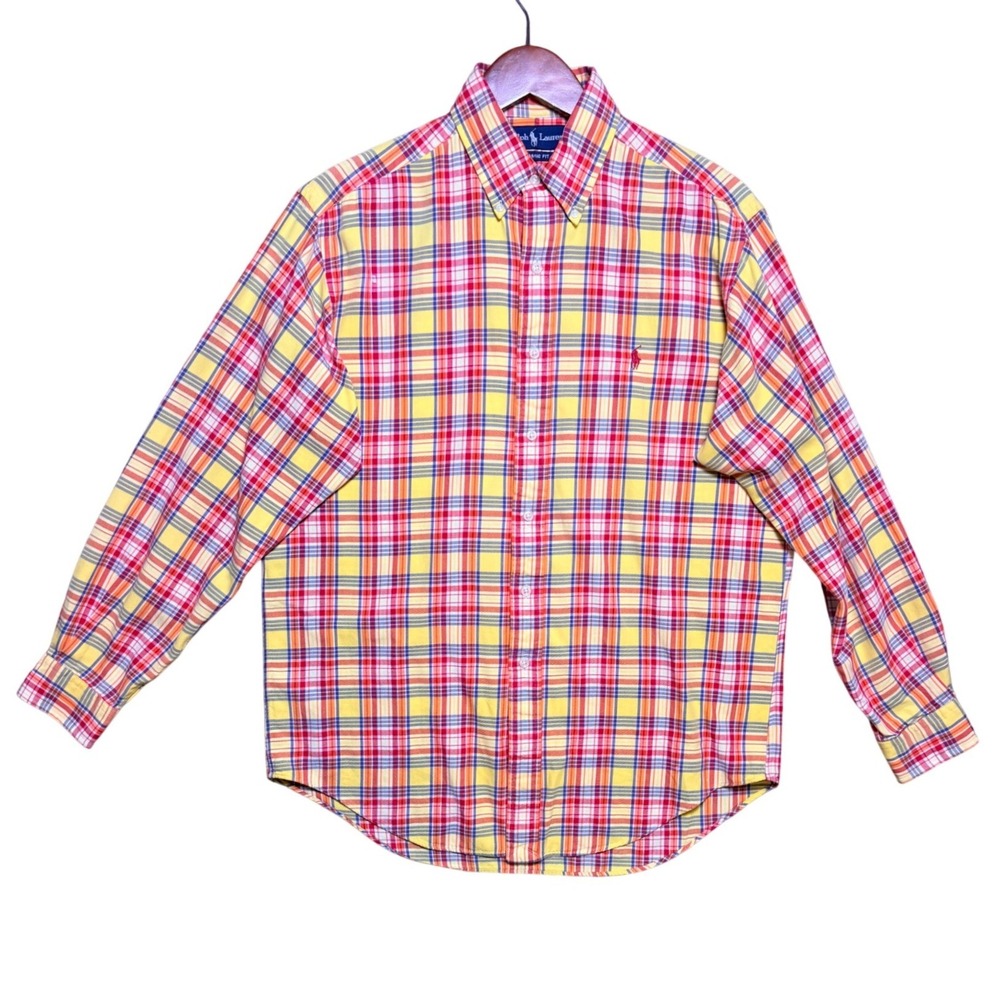 Polo Ralph Lauren Shirt Mens M Classic Fit Yellow Red Plaid Button Down EUC